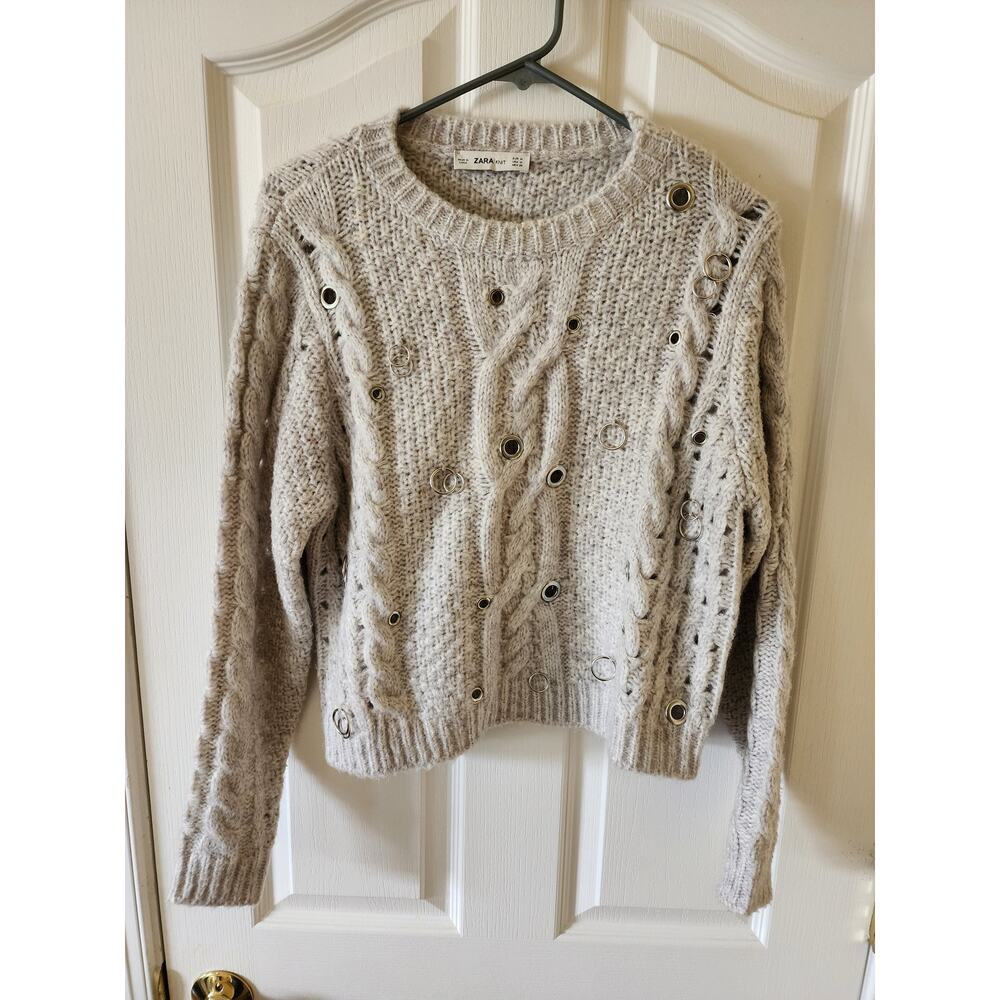 Zara Knit Womens Oatmeal Cable Knit Grommet Ring Hardware Pullover Sweater M